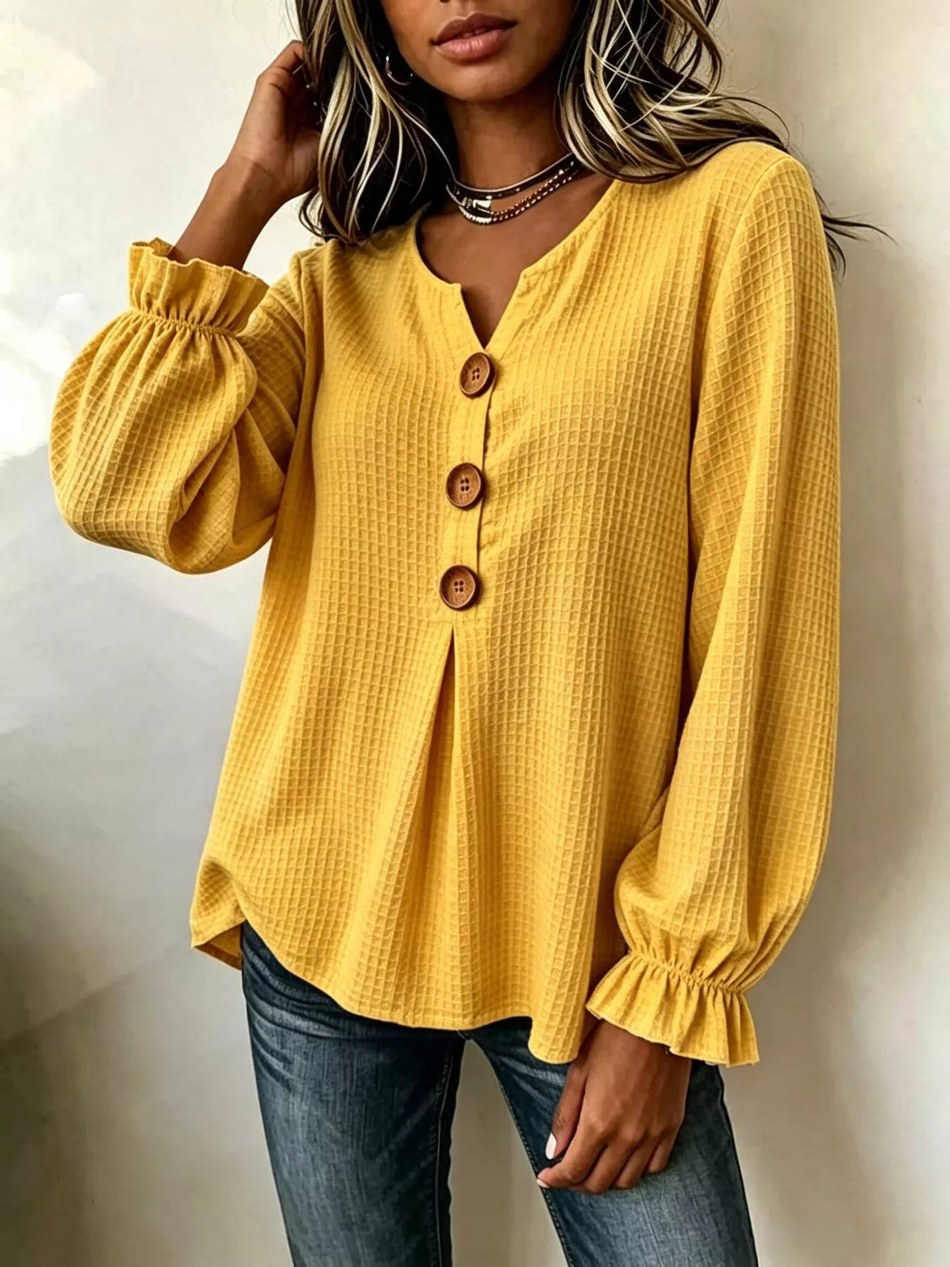 Waffle-knit long sleeve top
