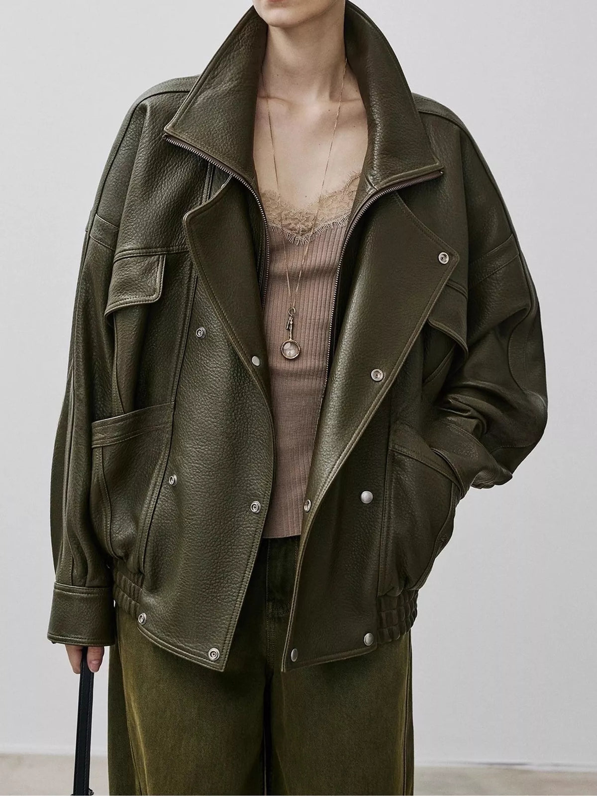 Snap Down Leather Jacket in dark green, front view