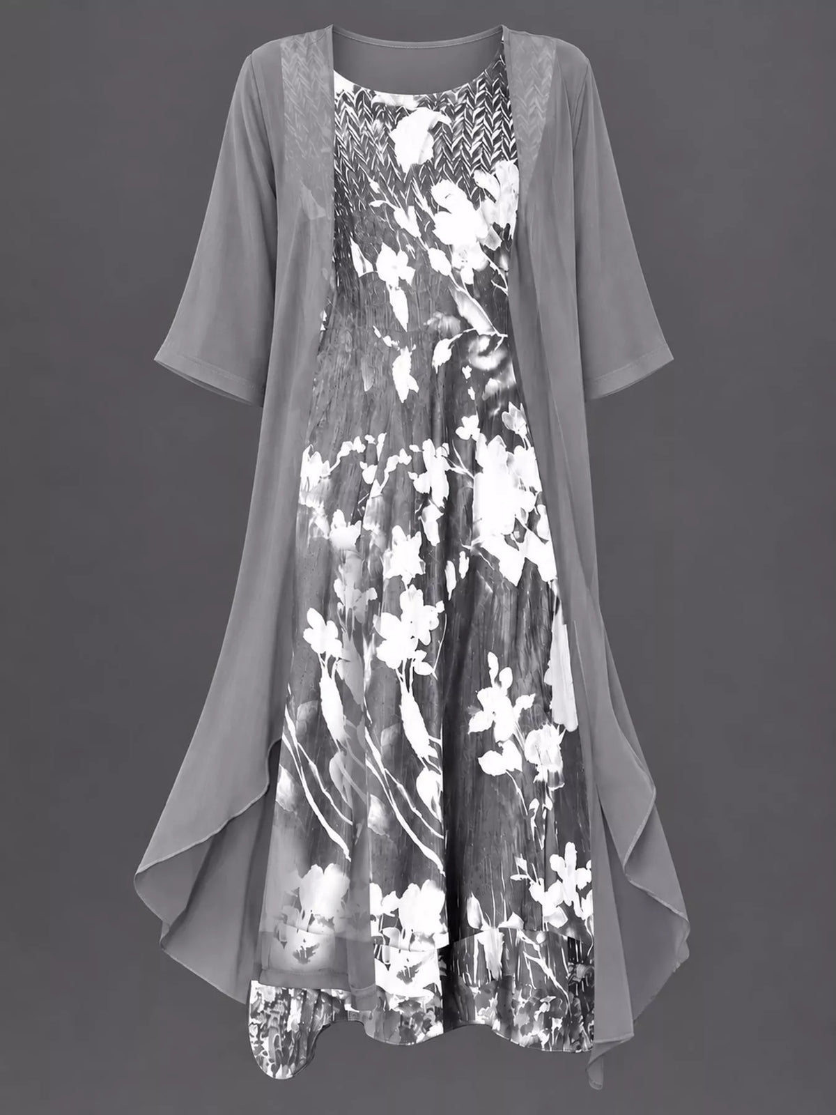 Floral dress and cardigan set, gray angled flat set