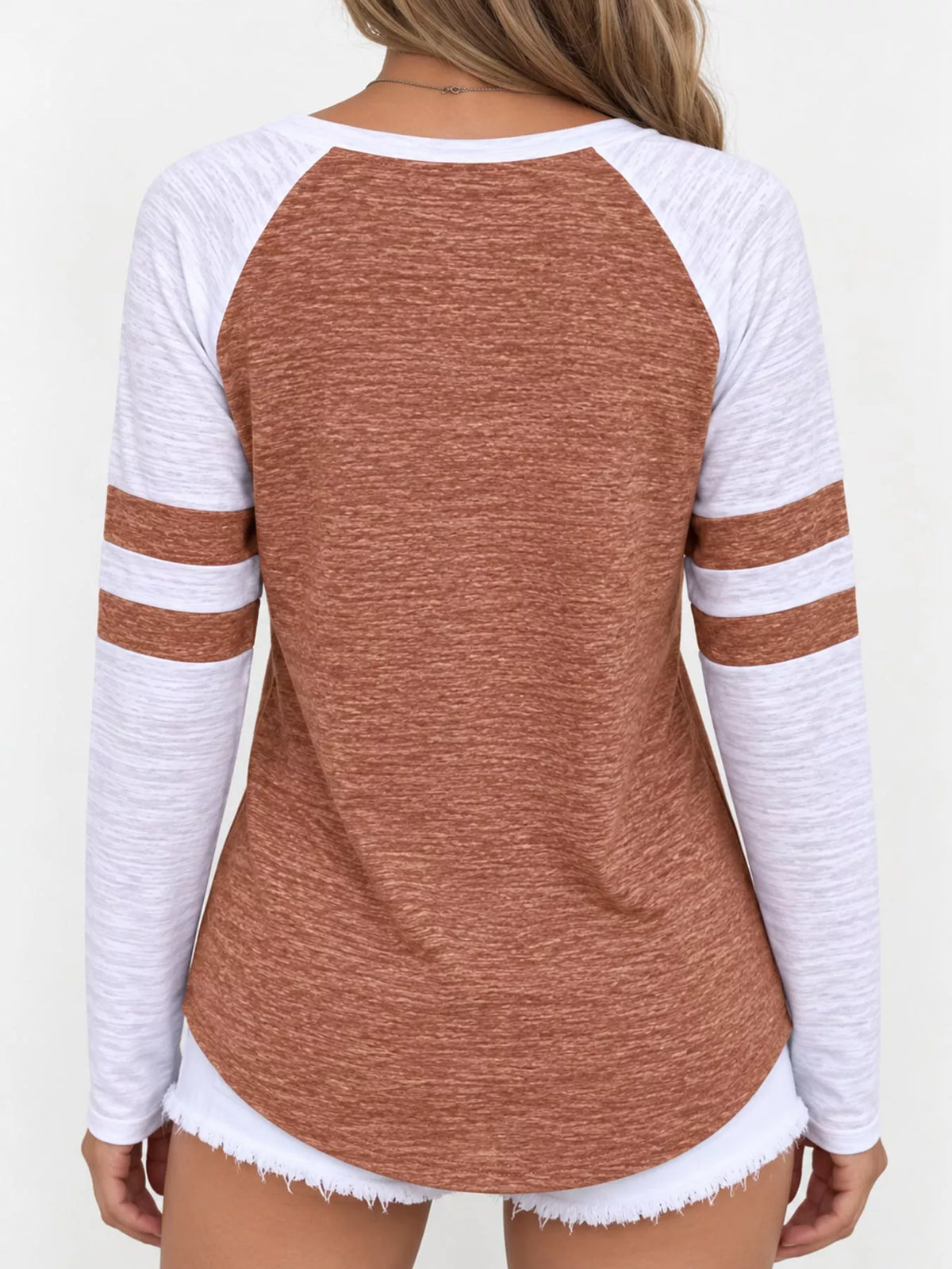 Rust color-block raglan sleeve striped t-shirt, back view
