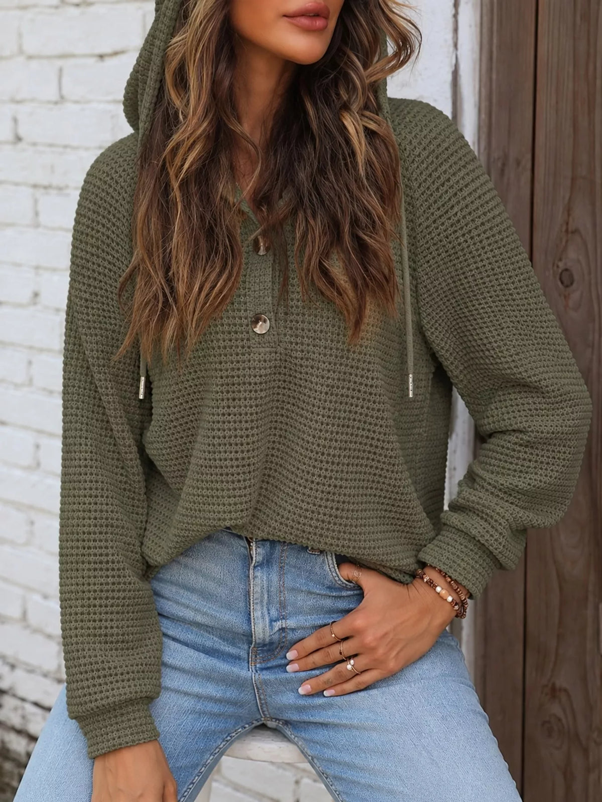 Olive waffle knit button-detail hoodie