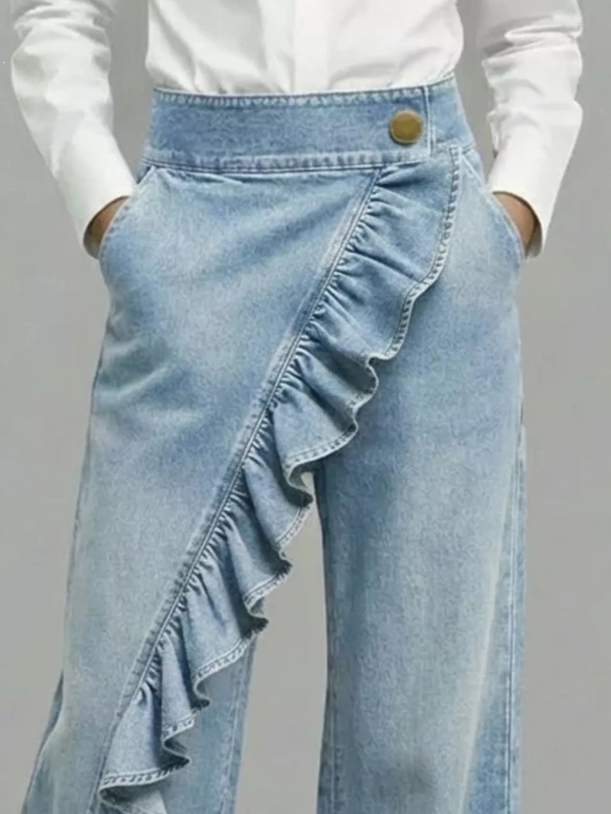 Light blue ruffled wide-leg pants — design and construction details