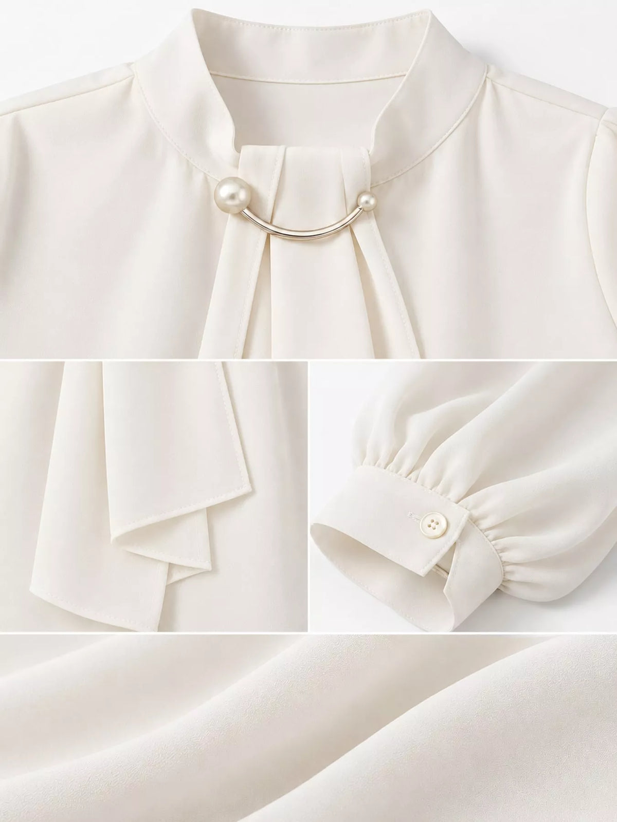 Mock Neck Blouse with Pearl Accent and Lantern Sleeves, detail view in white