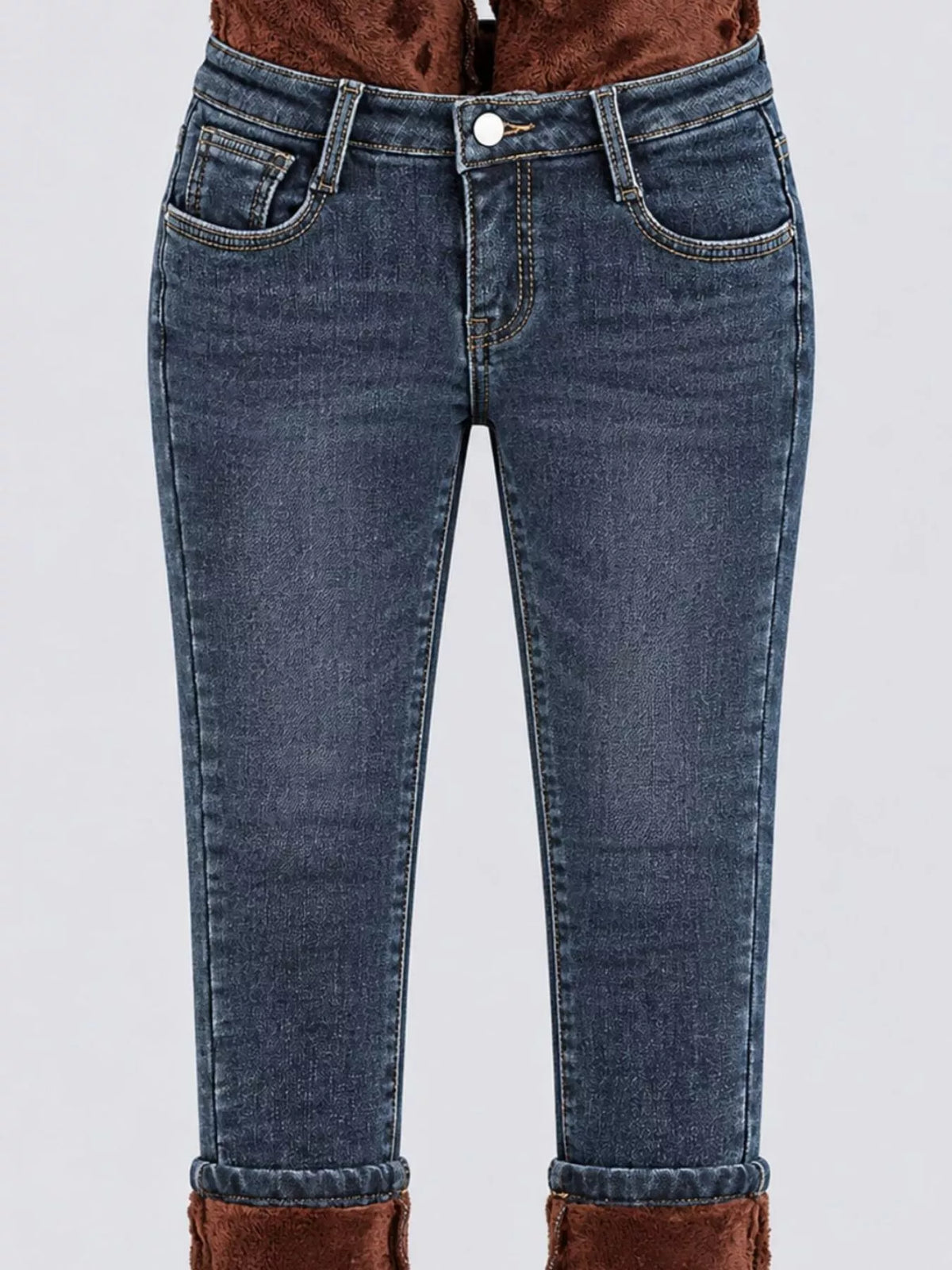 High-Waisted Slim-Fit Stretch Fleece Jeans — front view
