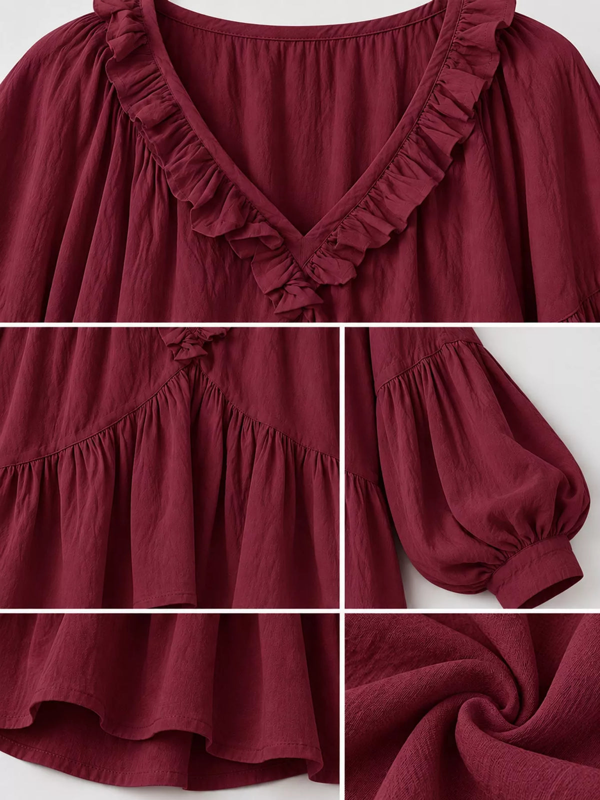 Burgundy ruffled v neck blouse, detail view