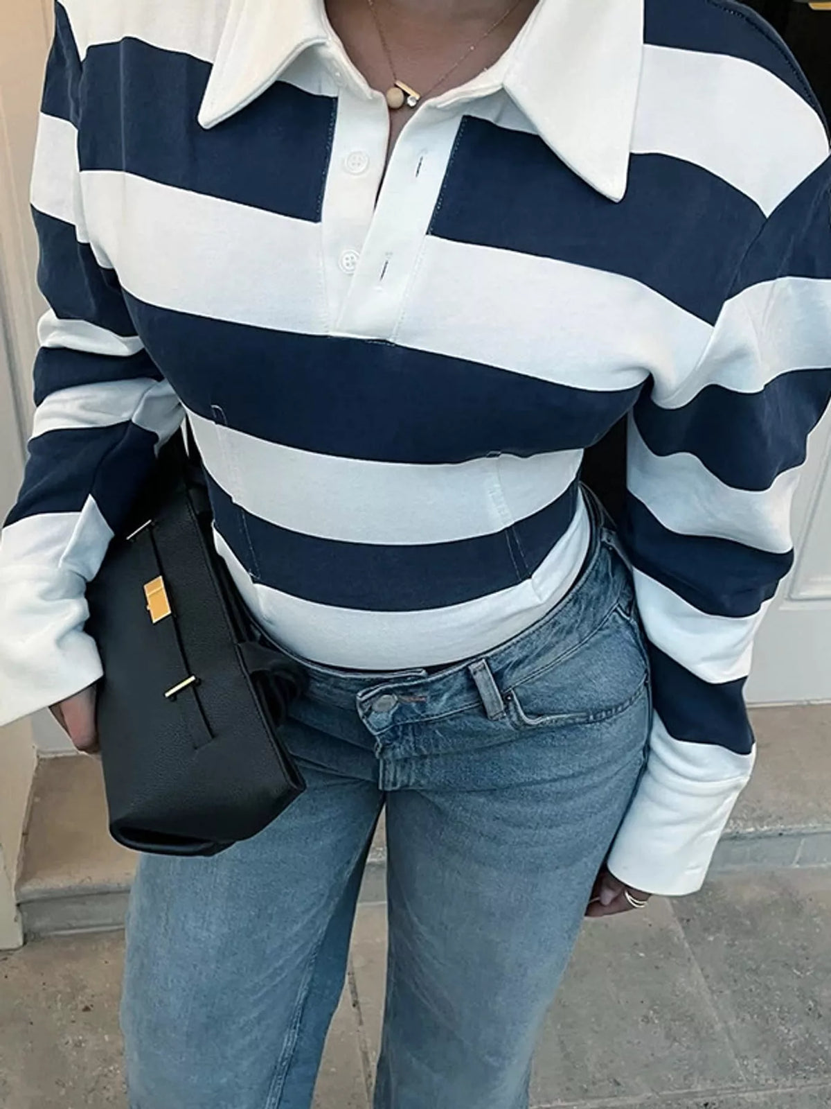 Collared long sleeve top, front view on model