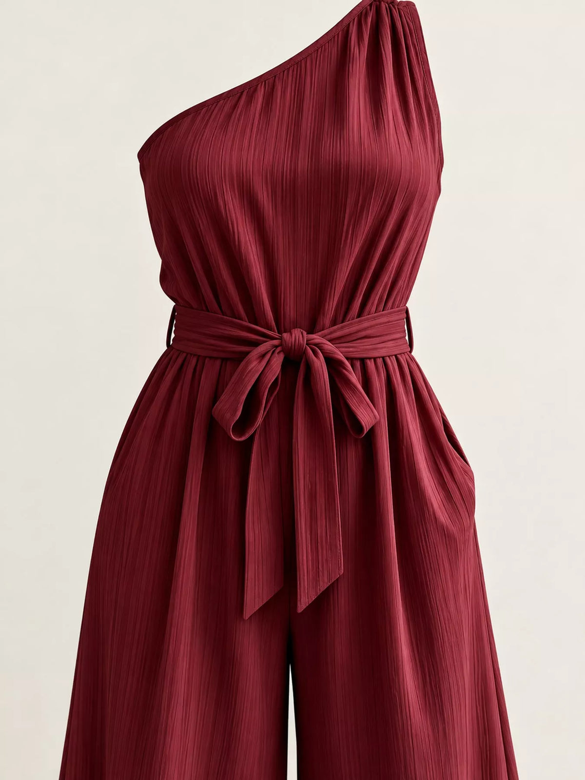 One-Shoulder Wide-Leg Jumpsuit in burgundy, construction detail