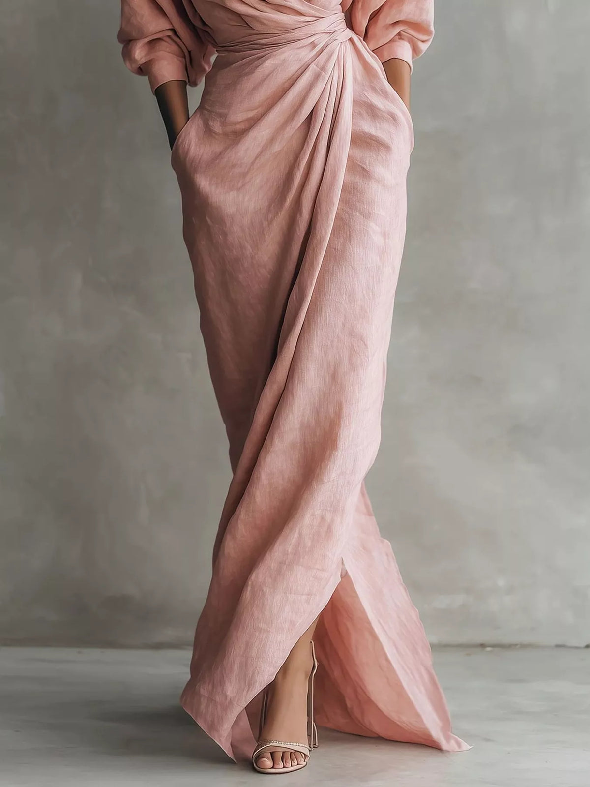 V-neck 3/4 sleeve maxi dress, construction and design details