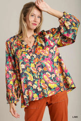 Trendsi Umgee Full Size Satin Paisley Ruffle Neck Button-Up Shirt Plus Size -