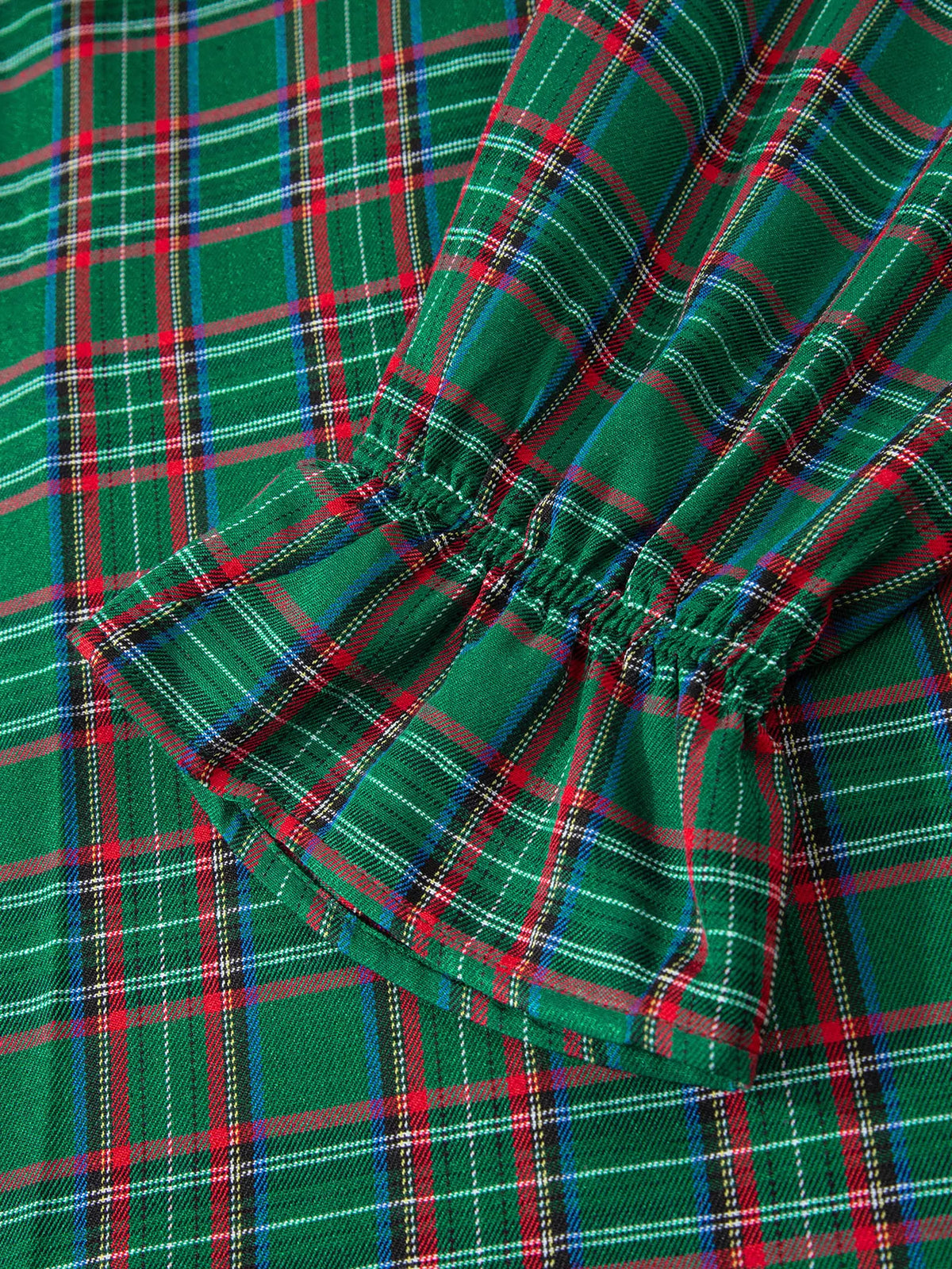 Dark Green plaid square neck puff sleeve tie-waist midi dress
