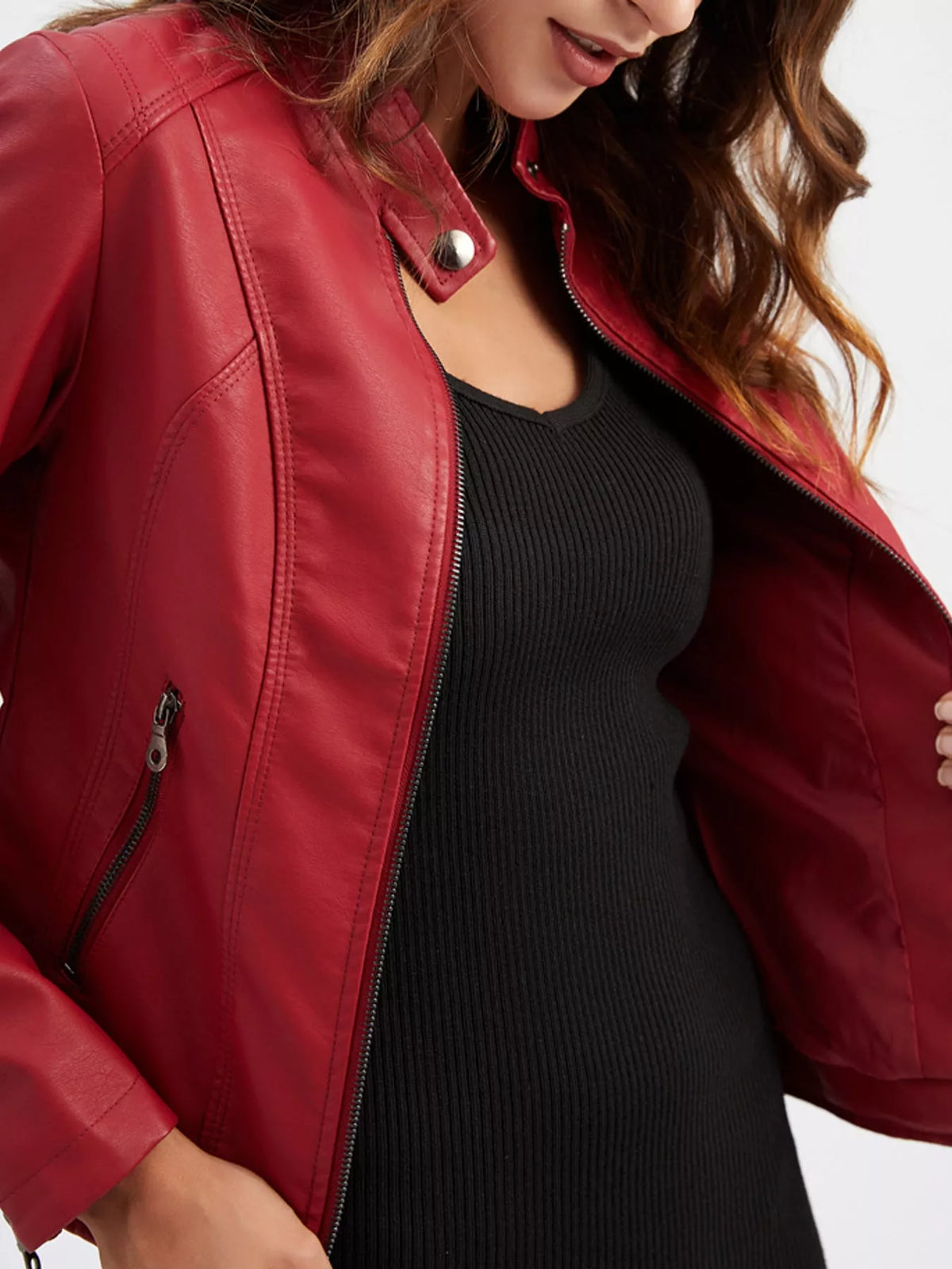 Faux-leather moto jacket, red interior front