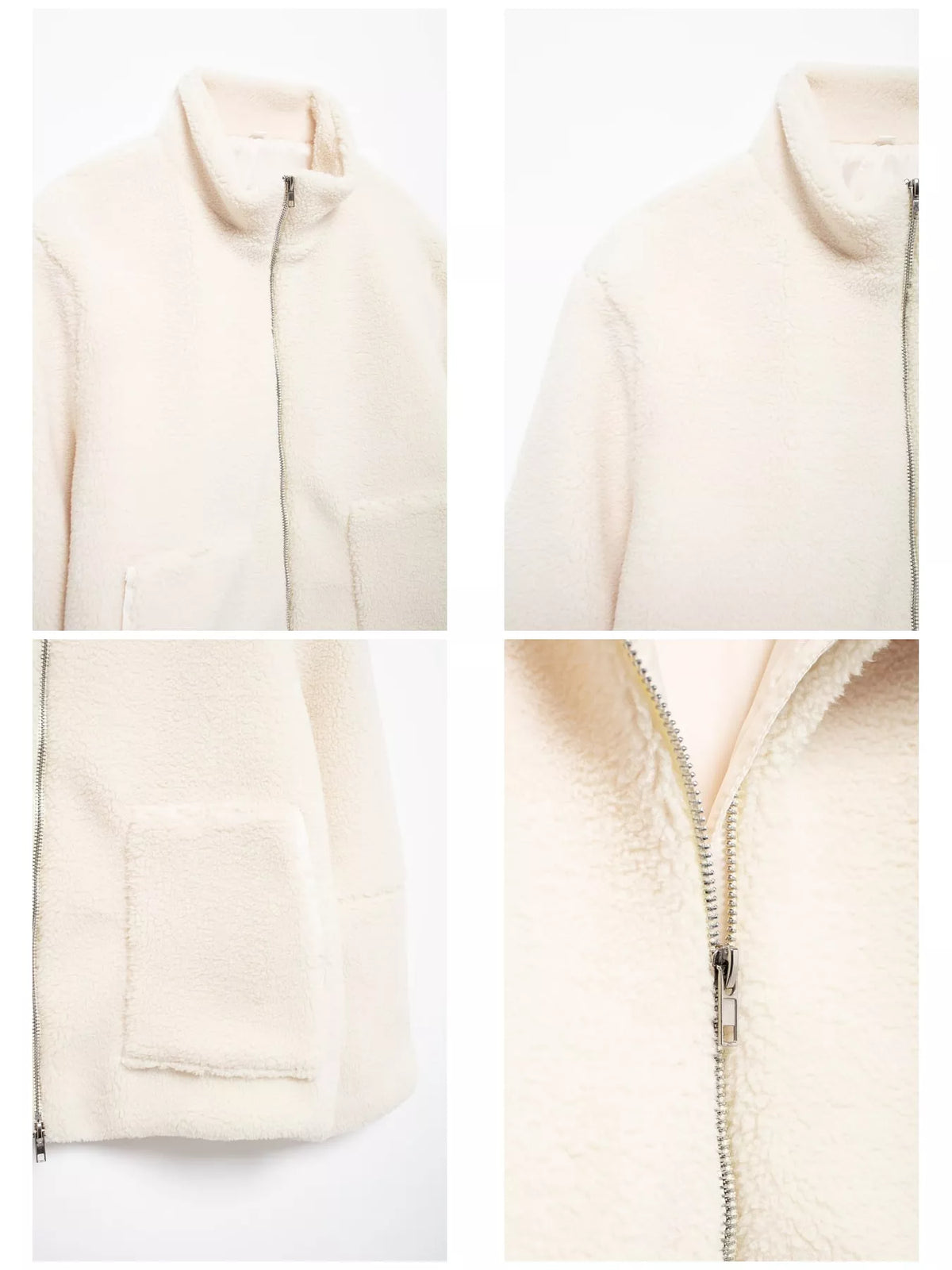 Cream sherpa zip-up jacket, stand collar, zipper, and patch pocket