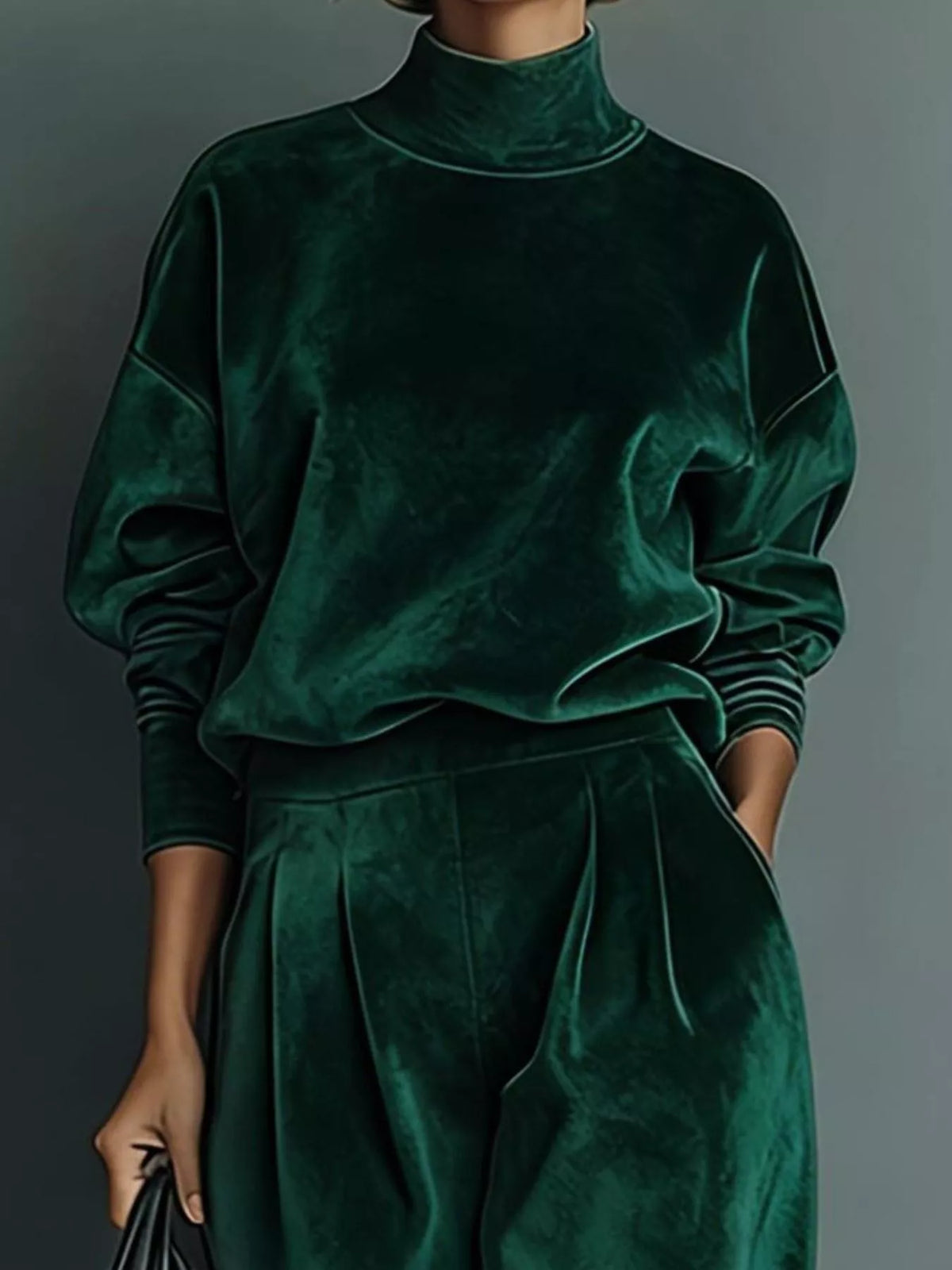 Green velvet mock-neck top and wide-leg pants set, top and waist detail.
