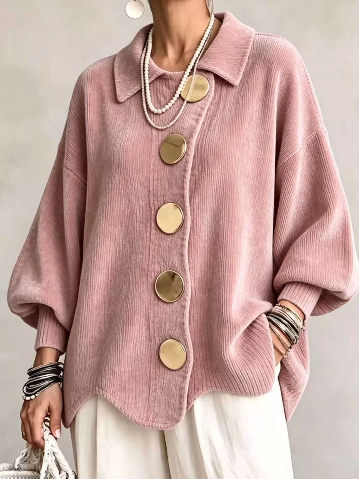 Women's Ribbed Knit Gold Buttons Cardigan in pink — front view