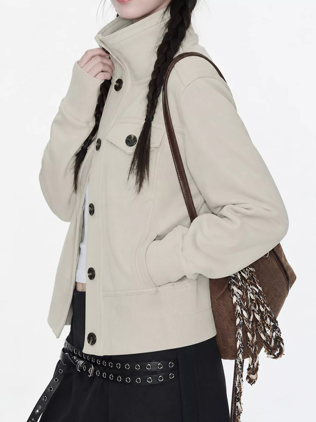 High-neck jacket, beige side pocket