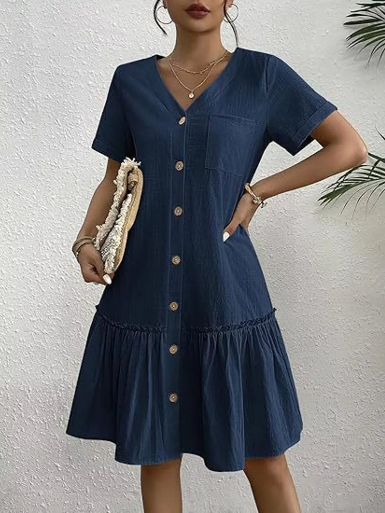 Trendsi Full Size Button-Down Ruffle Hem Mini Dress Plus Size -