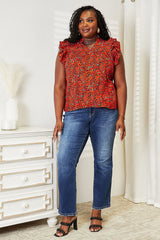 Trendsi Double Take Floral Flutter Sleeve Notched Neck Blouse -