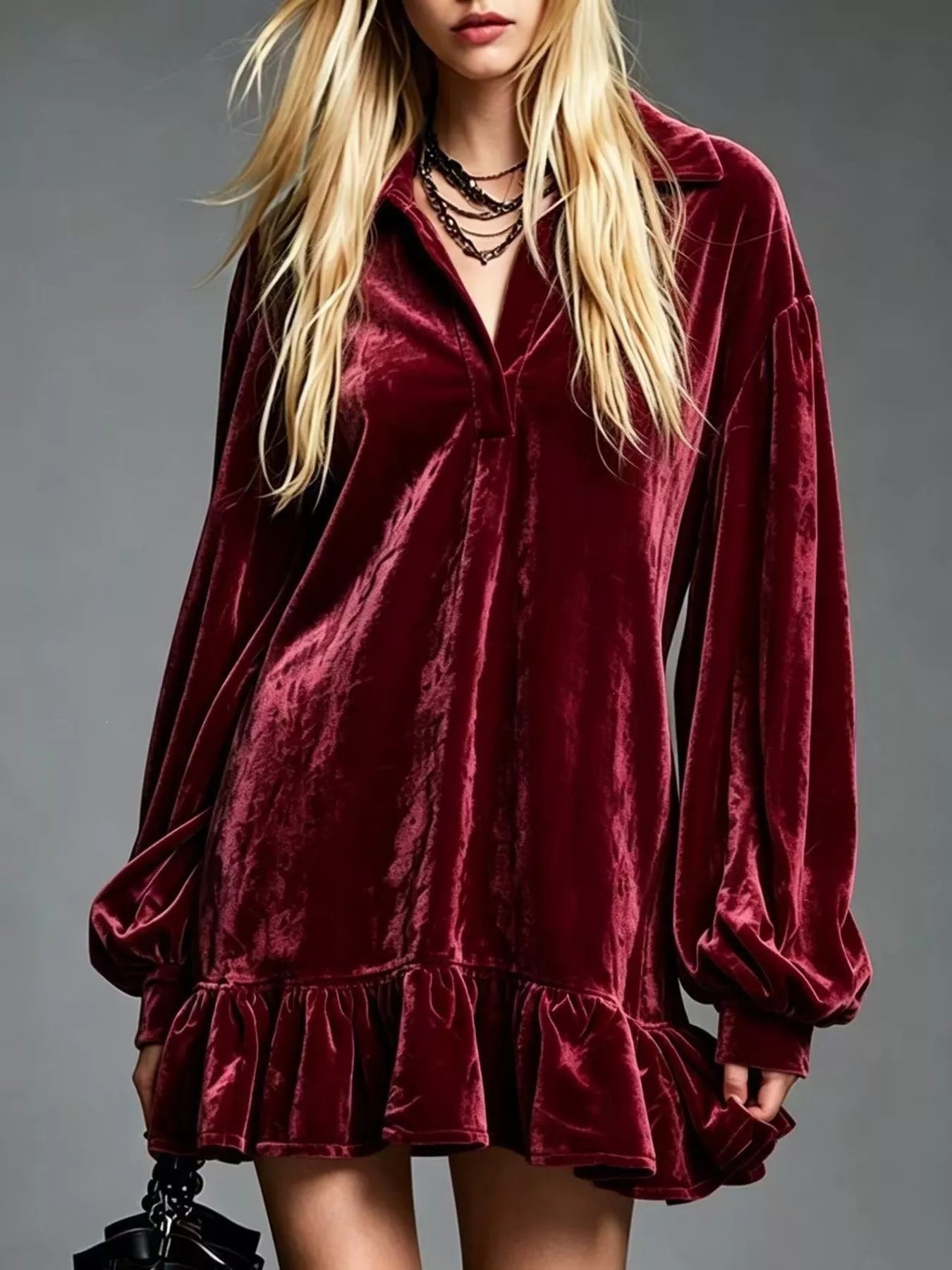 Trendsi Full Size Velvet Ruffled Hem Long Sleeve Dress Plus Size -