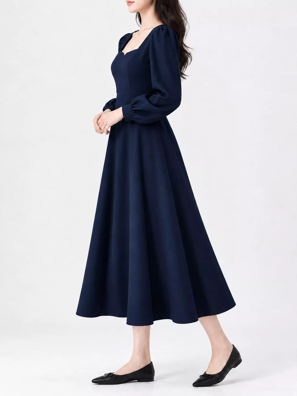 Navy long sleeve a line midi dress, side view