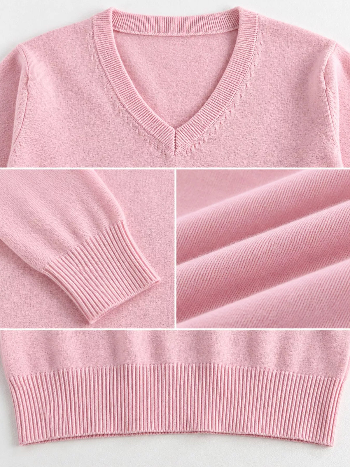 Women's V-Neck Long Sleeve Sweater in pink — detail collage view