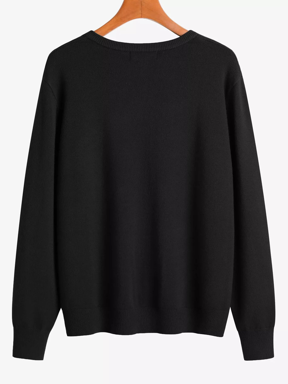Black crew neck button down knit cardigan, back view