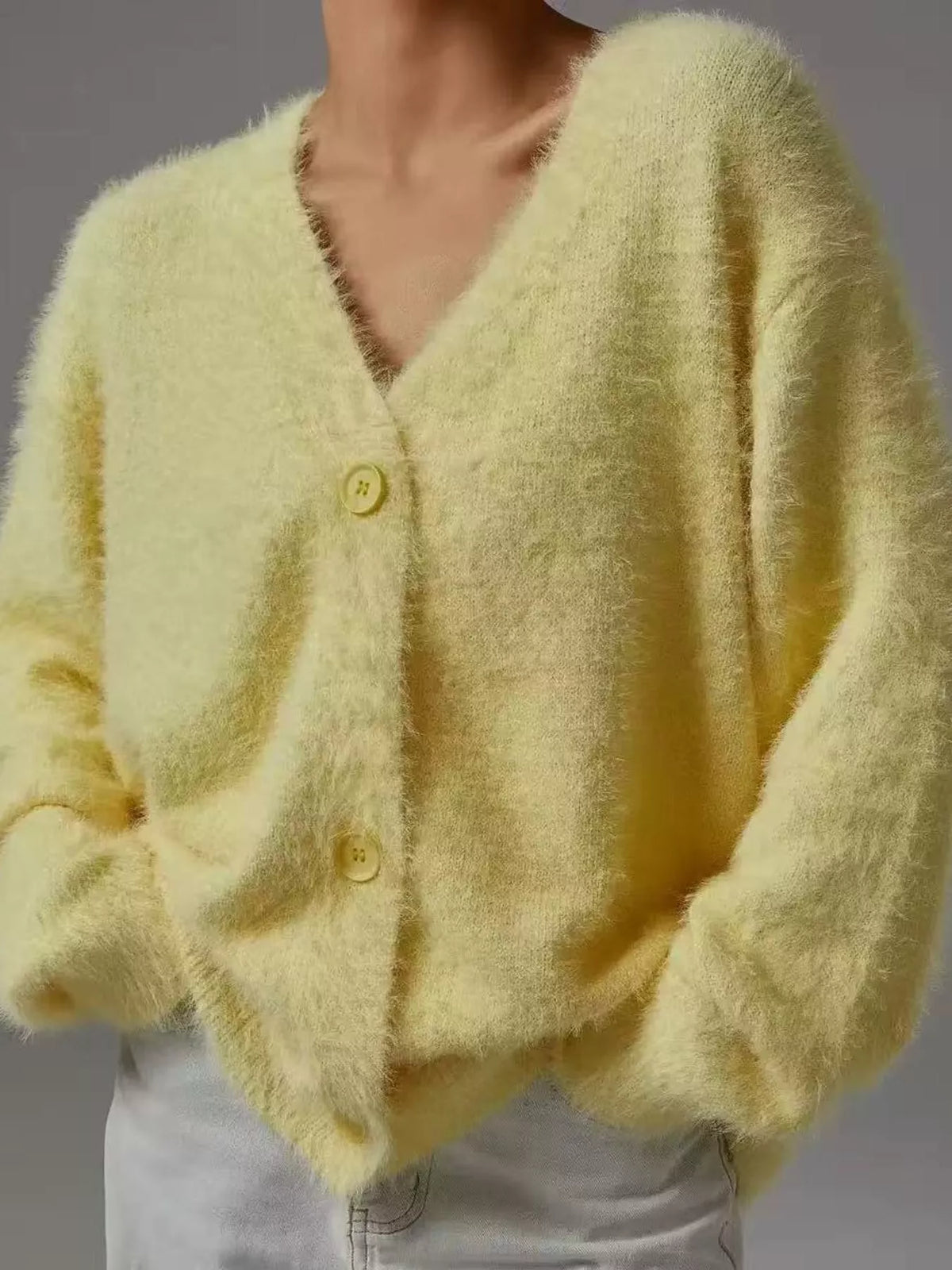 Yellow fuzzy v-neck button-down cardigan