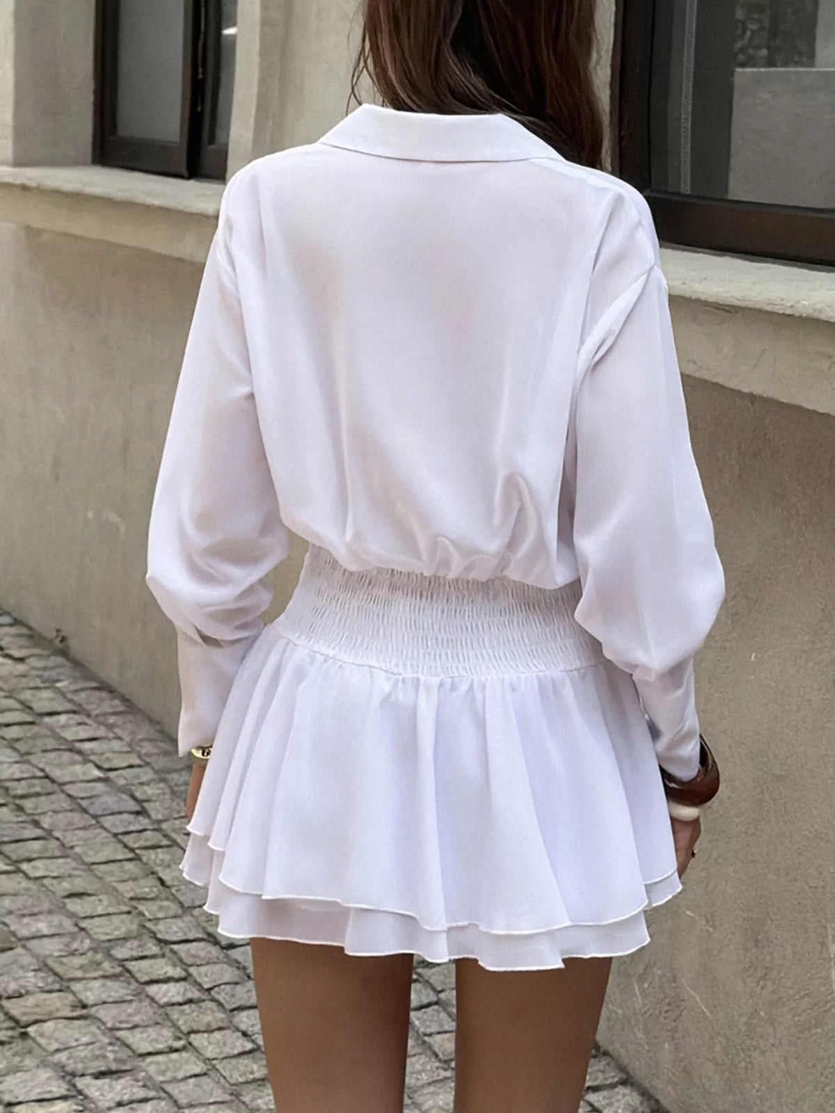White ruched-waist ruffle-hem shirt dress, back view