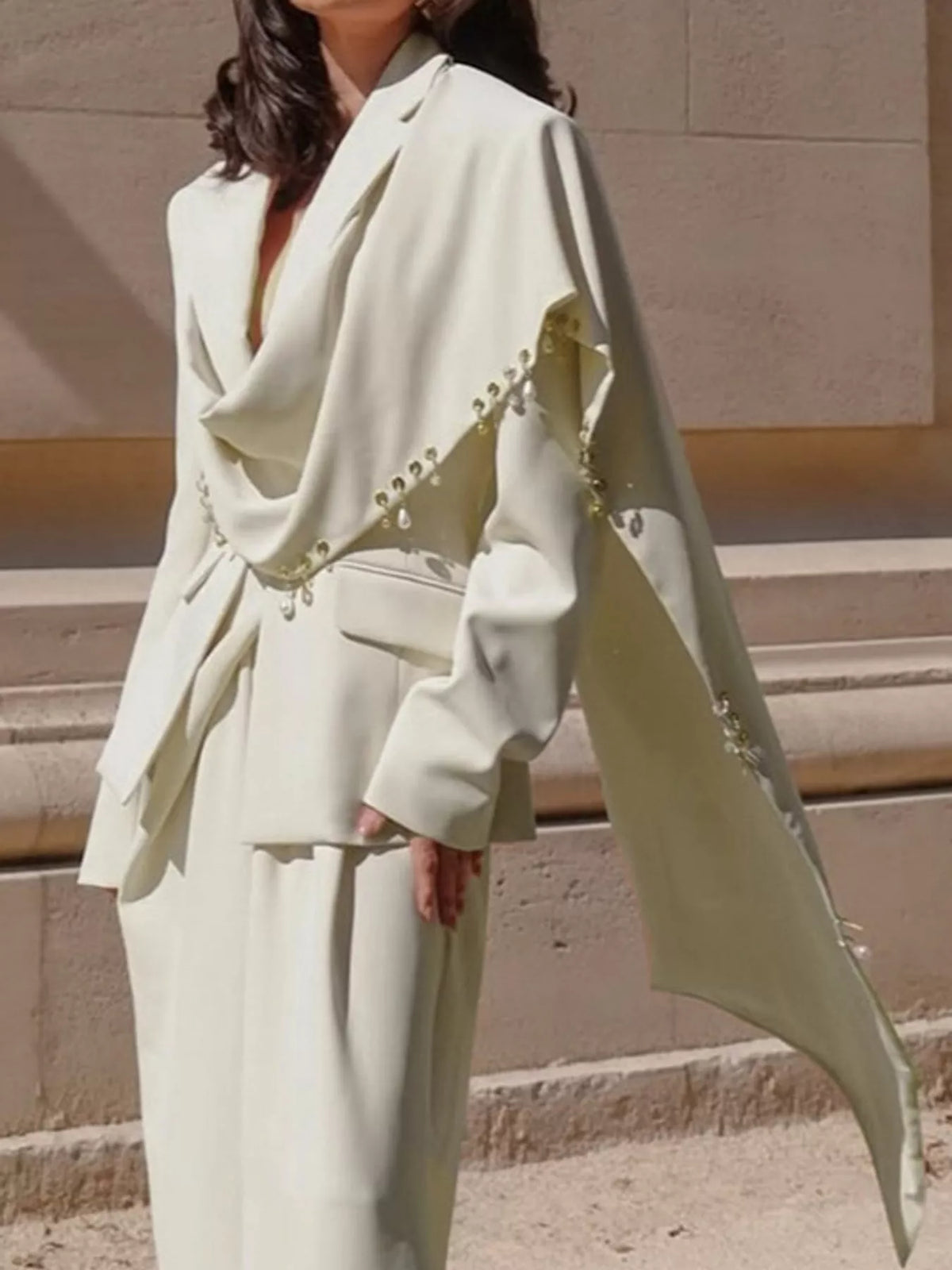 Pearl-Embellished Drape Blazer in apricot