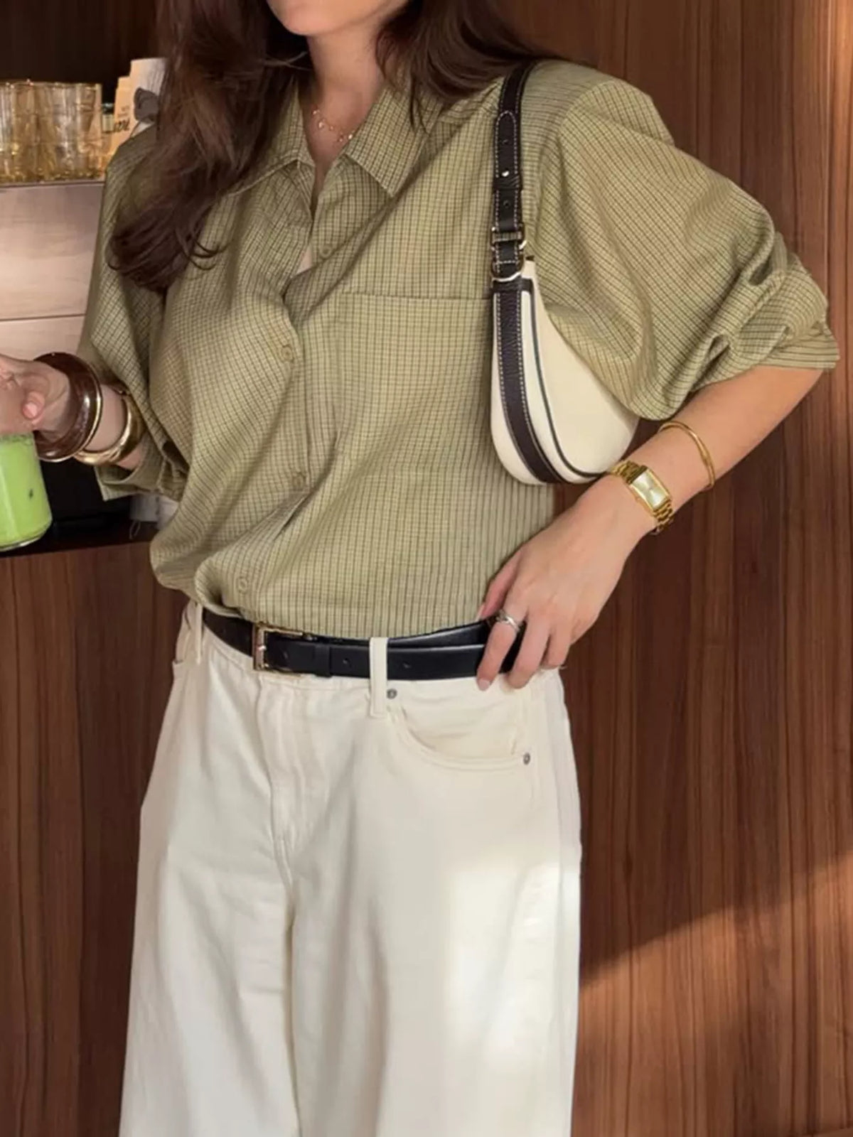 Plaid Button-Down Shirt in green, front view