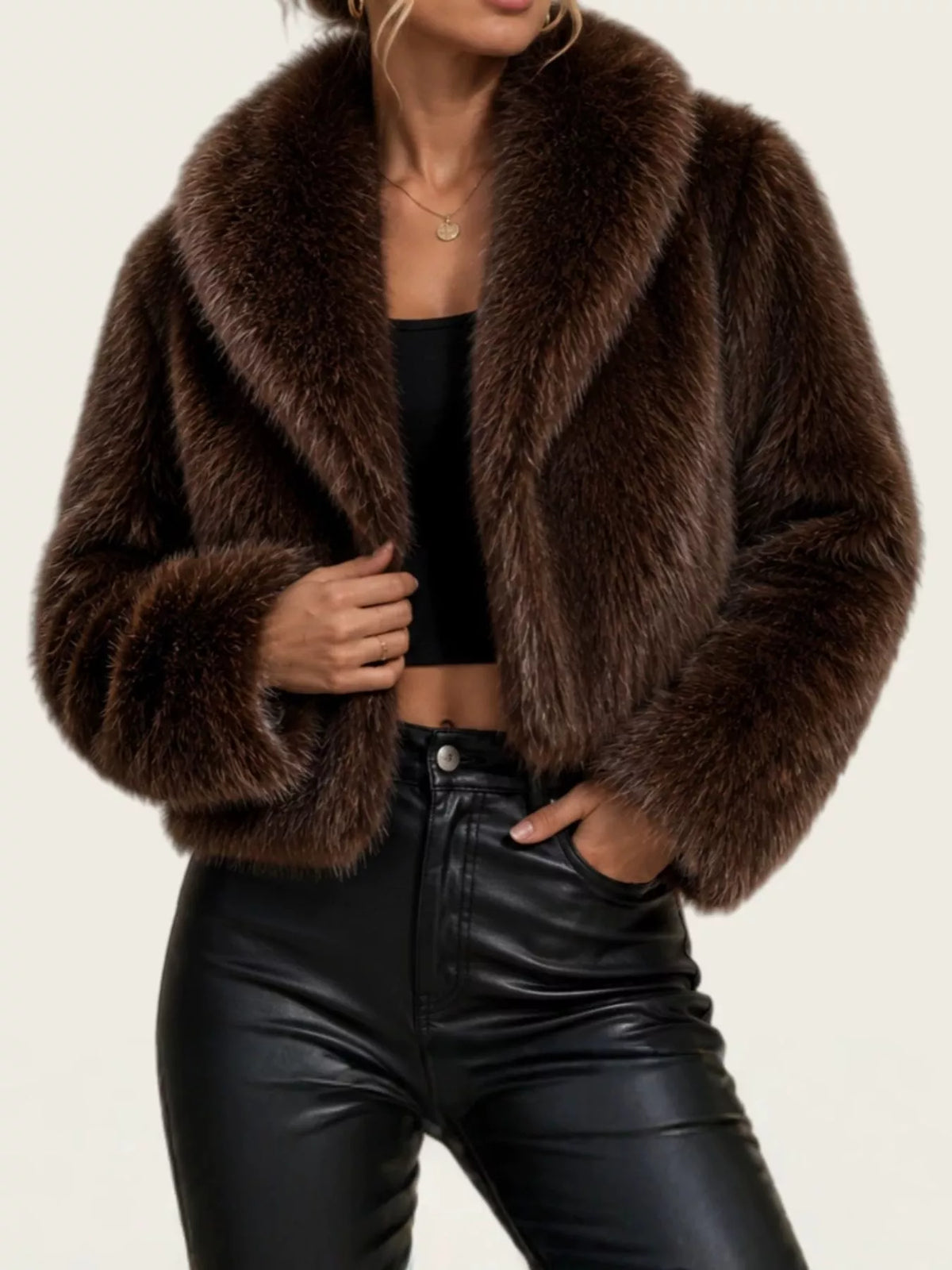 Faux Fur Cropped Coat in brown