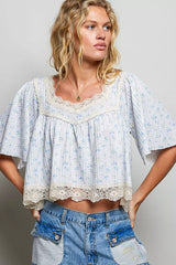 Trendsi POL Floral Print Lace Trim Blouse - Clothing Tops