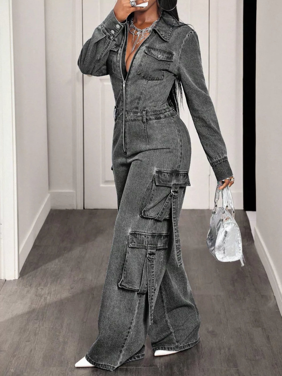 Women's Zip Front Wide Leg Denim Jumpsuit in Gray, back view