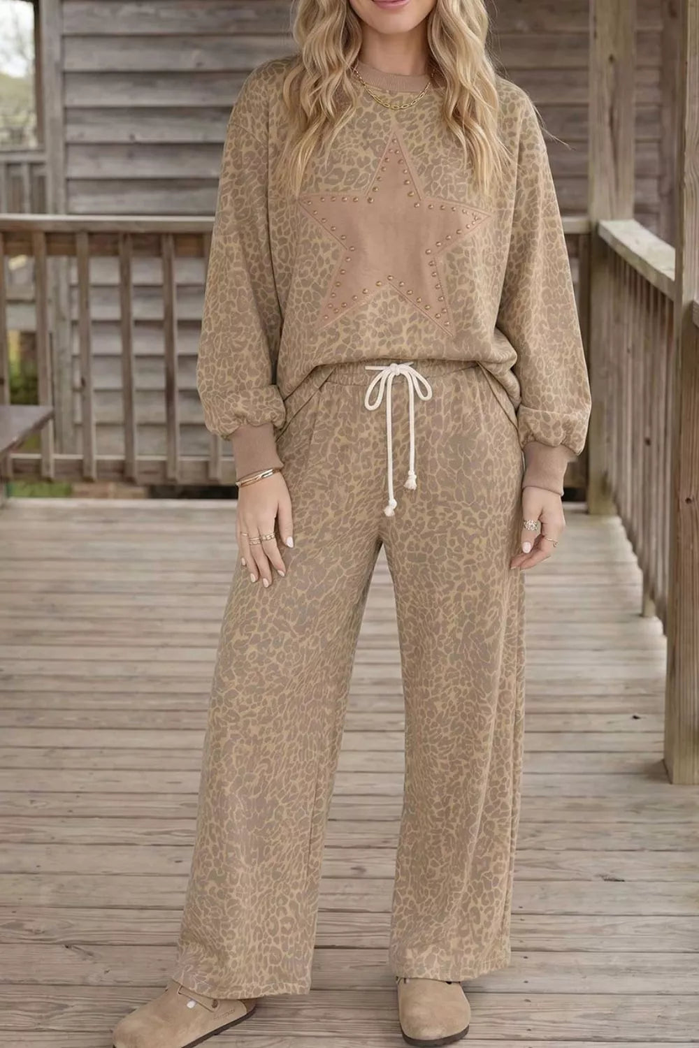 Trendsi Leopard Print Star Embellished Sweatshirt and Pants Set -