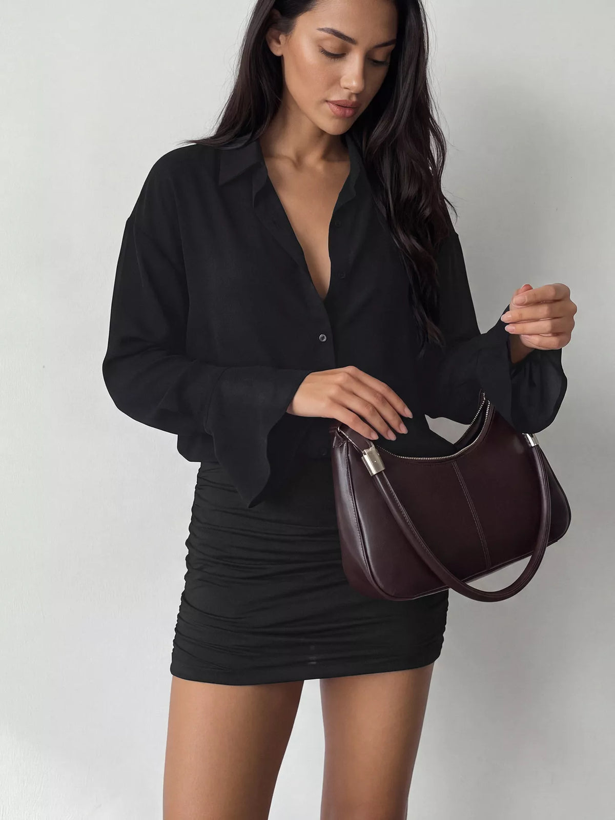 Black flounce sleeve ruched mini shirt dress, ruched skirt view