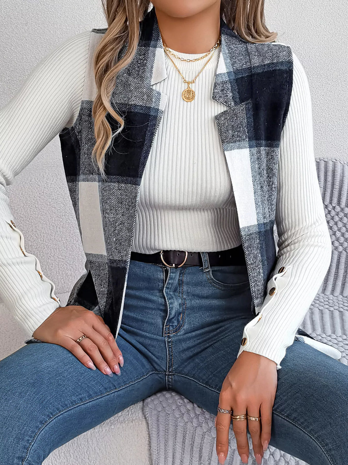 Navy Blue plaid open front vest