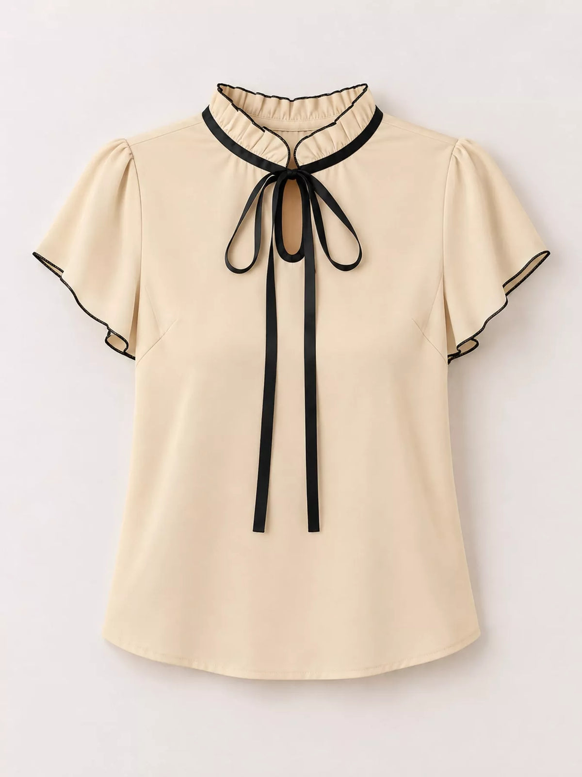 Contrast Trim Ruffle Sleeve Tie-Front Blouse in beige and black