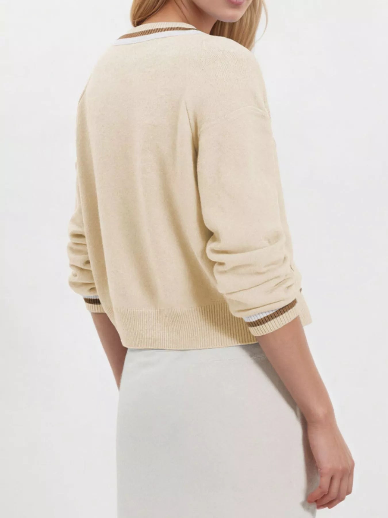 Trendsi Striped Trim Button-Down Cardigan -