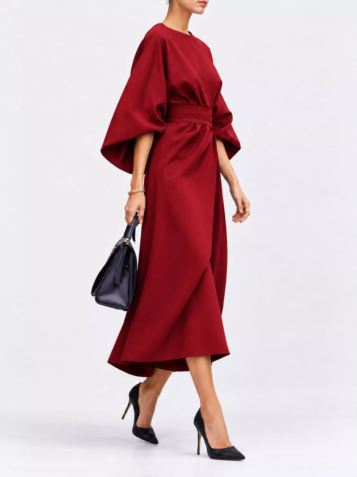 Red round neck kimono sleeve midi dress