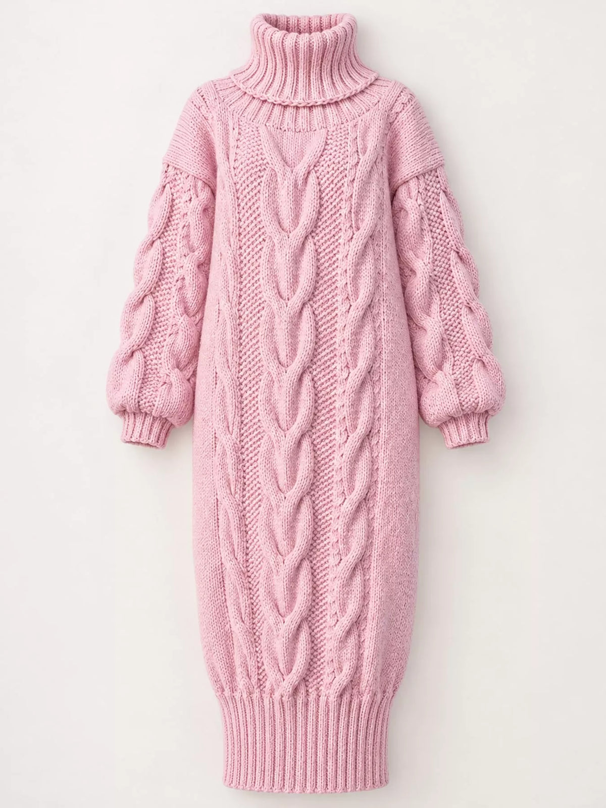 Pink oversized cable knit turtleneck sweater dress