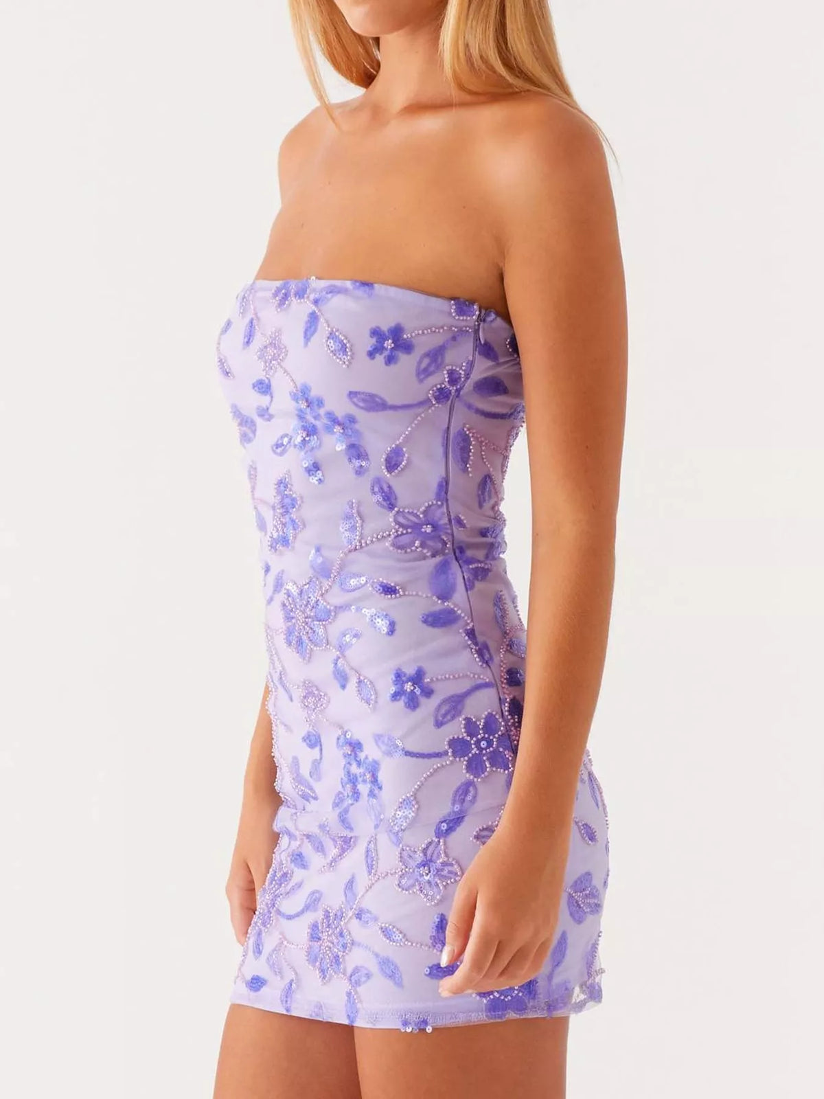 strapless mini dress, side view