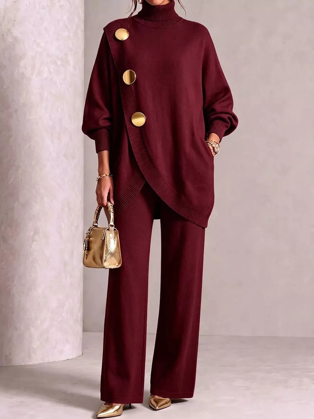 Burgundy turtleneck long sleeve top and pants sweater set