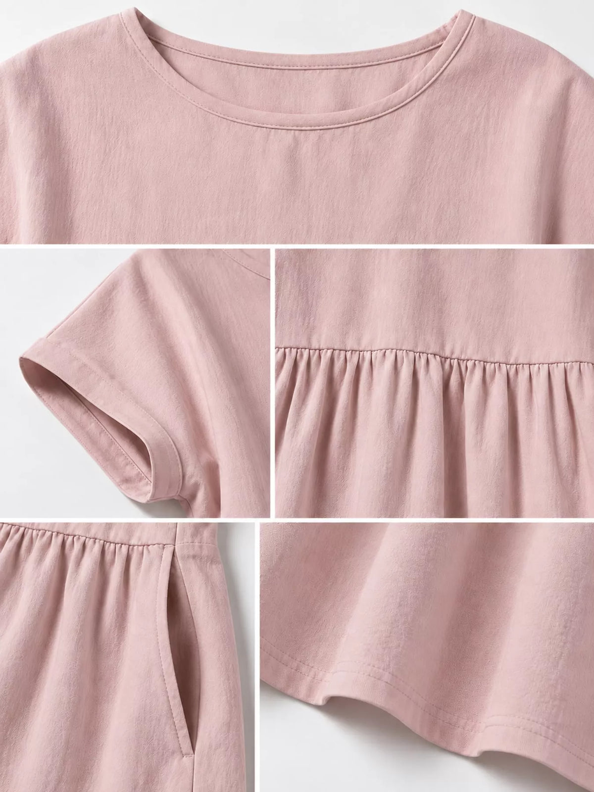 Round neck short sleeve midi dress, construction and design details