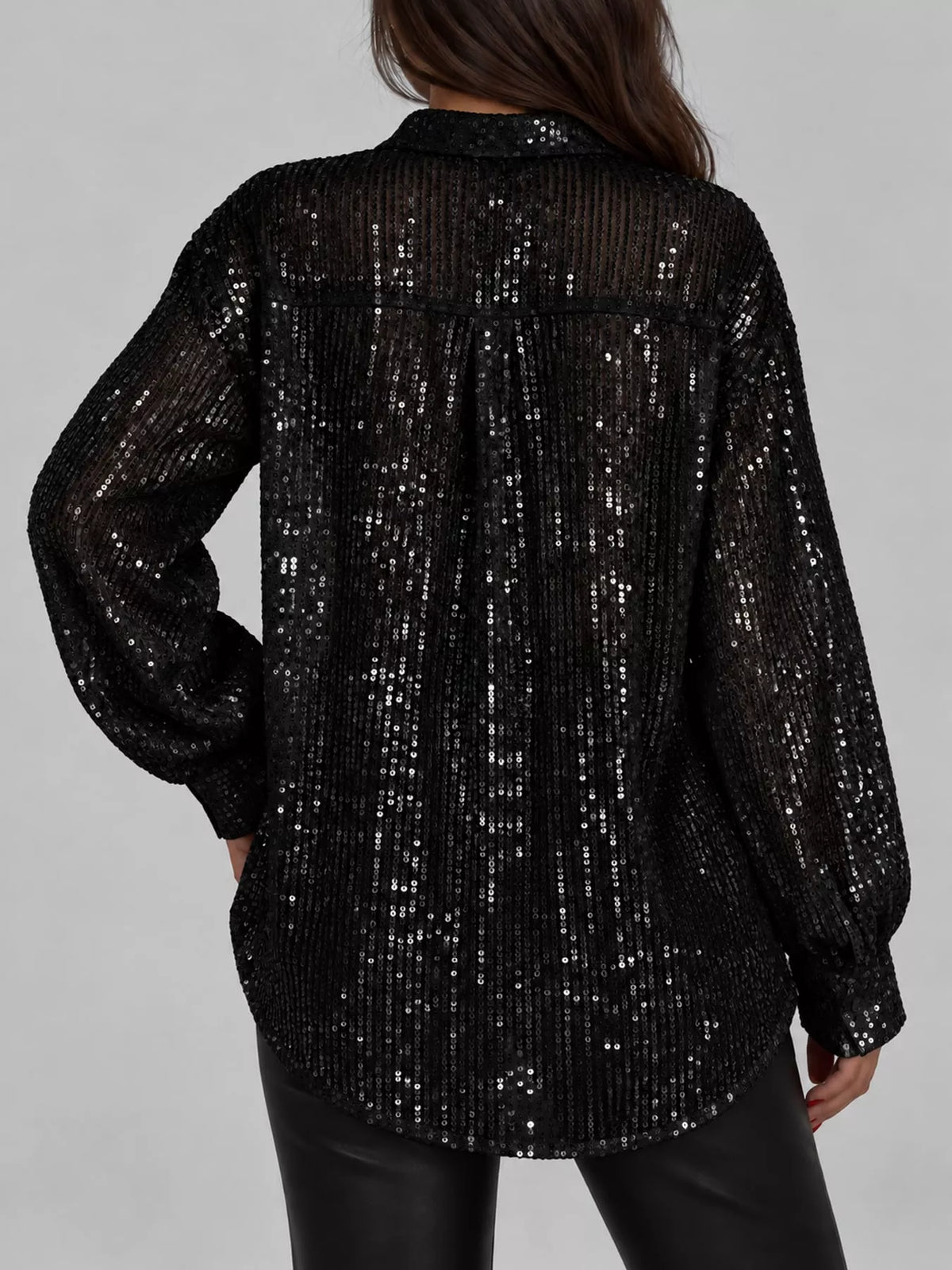 Black sequin button up long sleeve shirt, back view