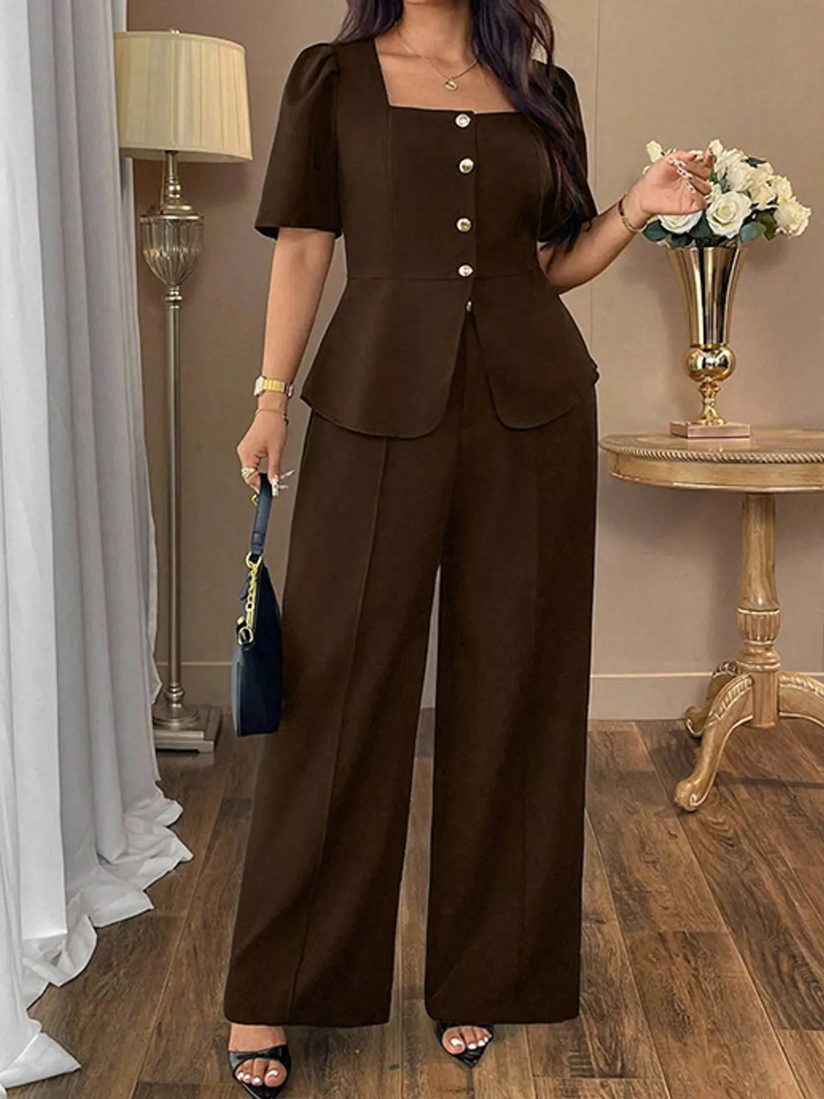 Peplum top and pants set, brown front