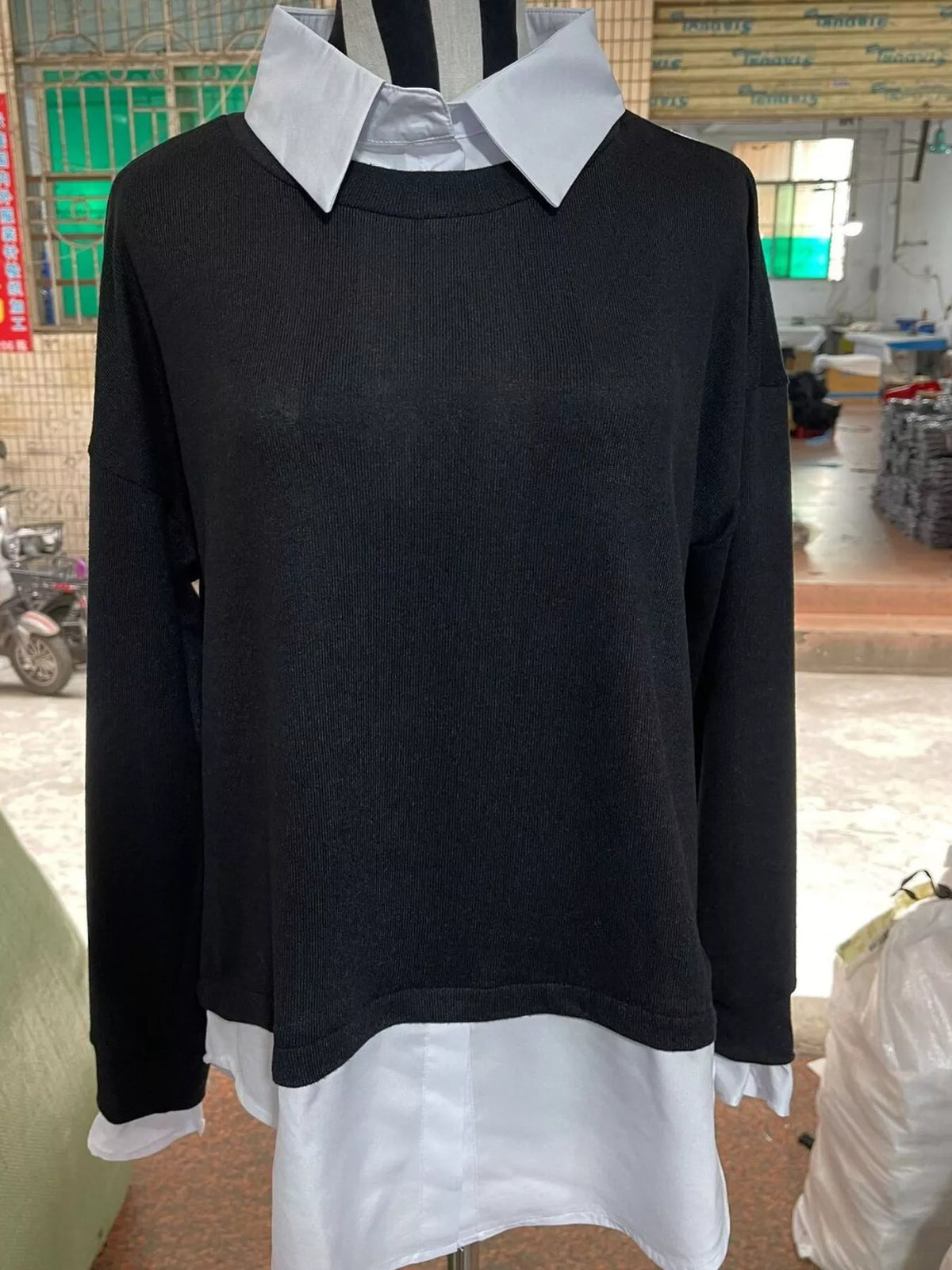 Black Round Neck Long Sleeve Sweater close-up view
