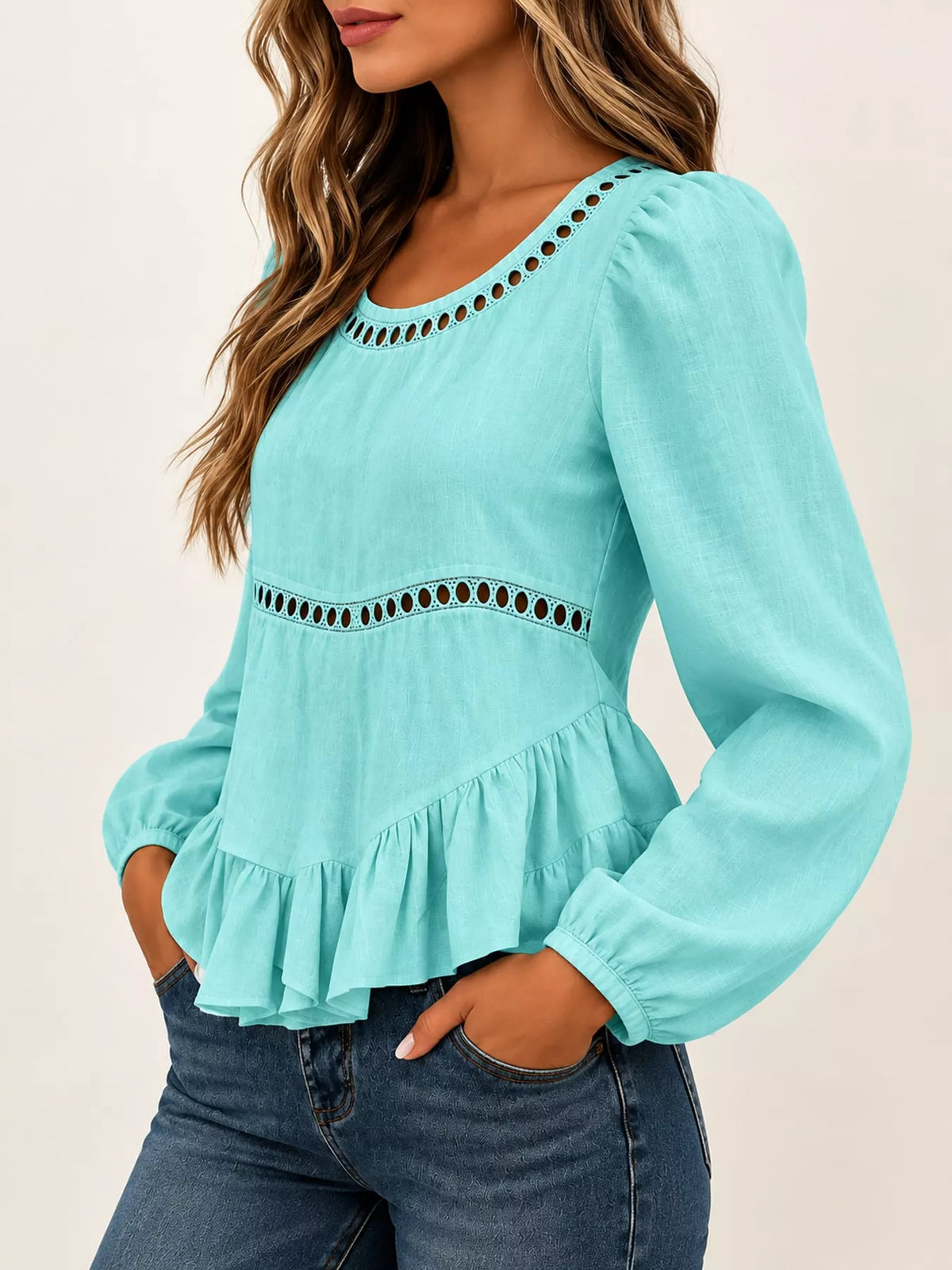 Women's Long Sleeve Blouse with Eyelet Lace Trim and Ruffled Hem in aqua — side view