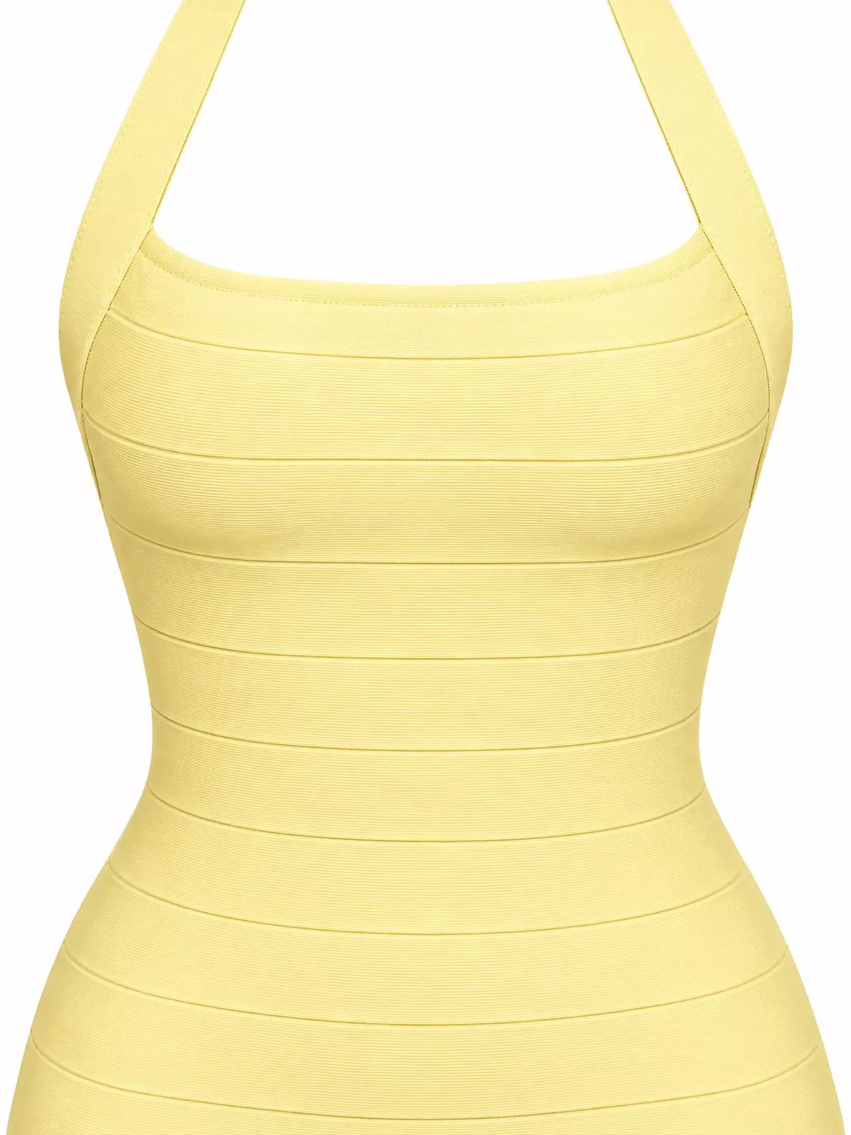 Yellow halter neck bodycon dress, detail view
