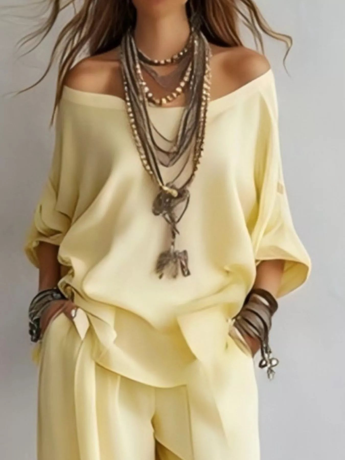 Trendsi Off-Shoulder Loose Fit Top and Pants Two-Piece Set -