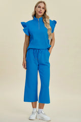Trendsi Double Take Full Size Texture Ruffle Short Sleeve Top and Wide Leg Pants Set -