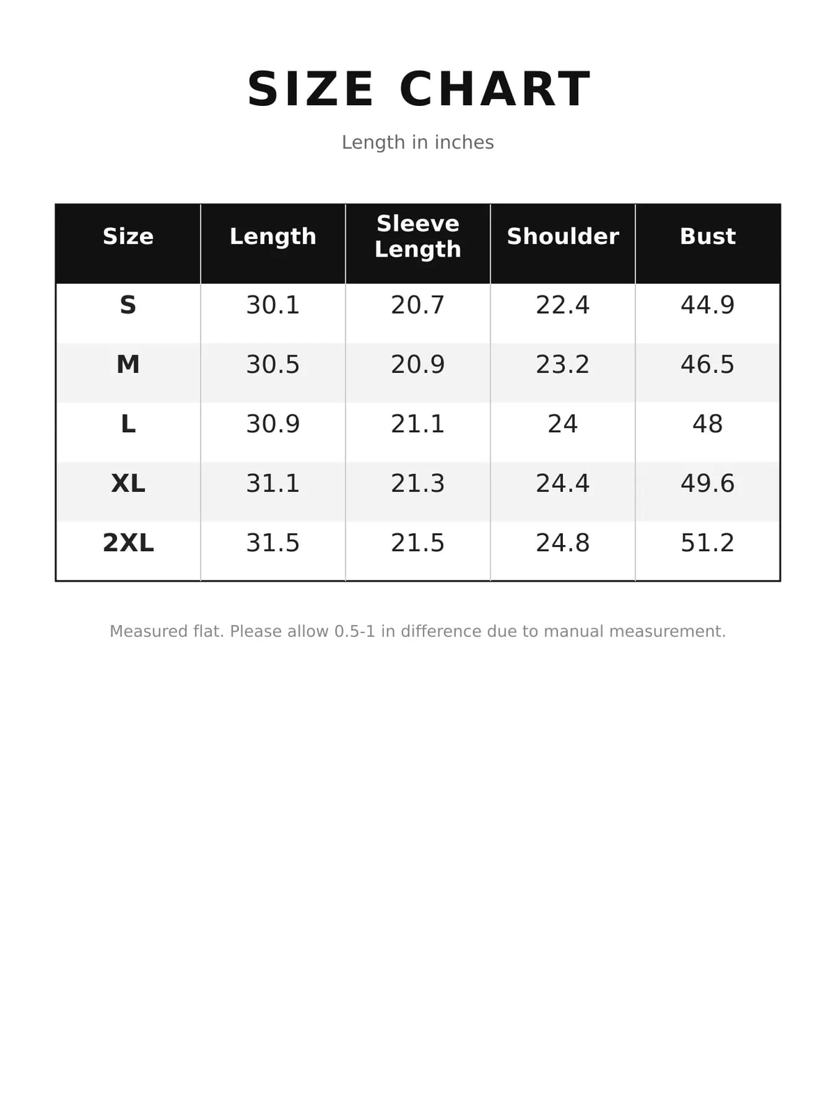 Size chart for plaid button-up shirt with chest pockets